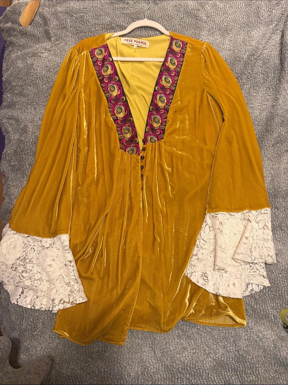 Free People Golden Mustard Velvet Tunic with Embroidered V-Neck